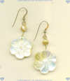 Mother of Pearl Carved Flower Disk and Bead Gold Fill Earrings. - Click for a larger picture