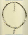 Violet oyster shell heishi, biwa pearls, and Thai Hill Tribe silver necklace with extender chain.
- Click for a larger picture